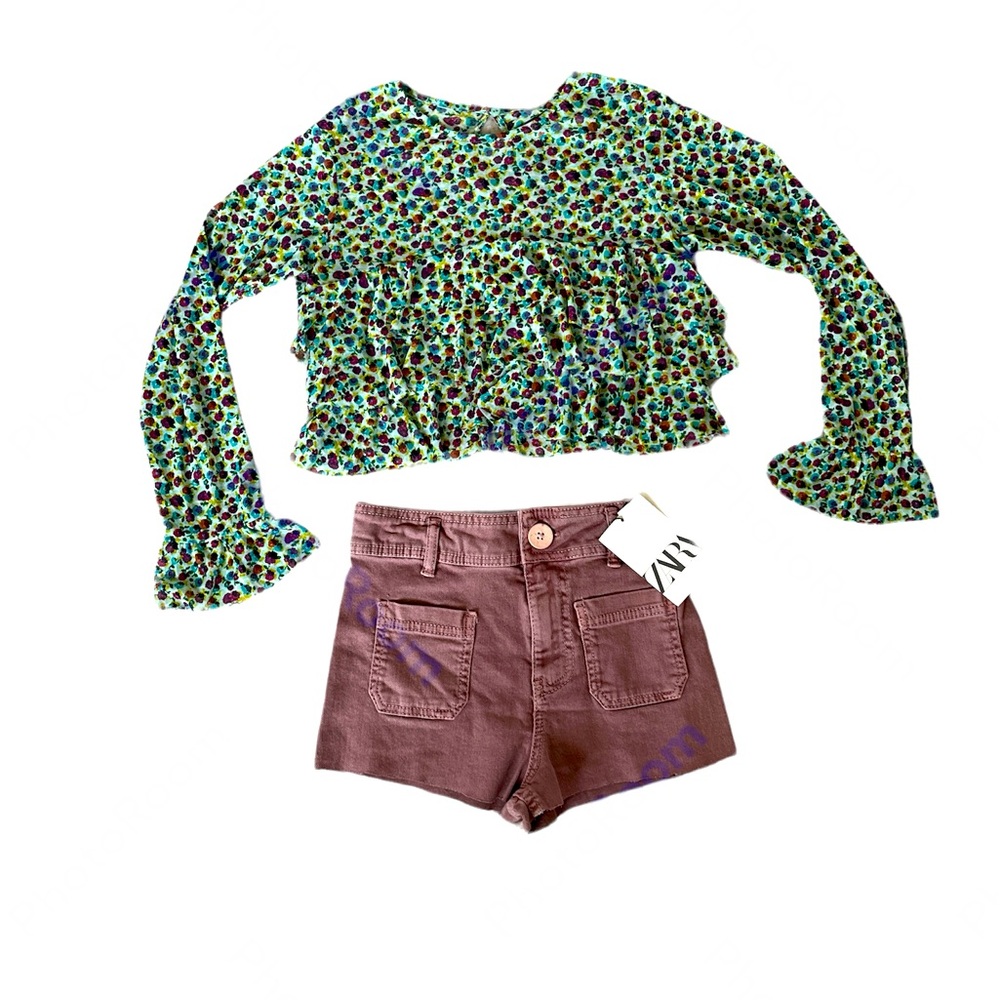 Zara Girls Sz 10 Teal Sheer Floral Ruffled Hem Top w/ Marine Shorts Set NWT